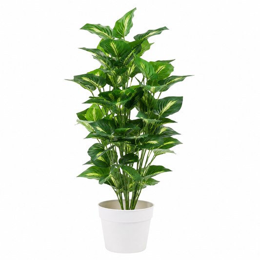 Artificial Variegated Foliage Plant in White Plastic Pot