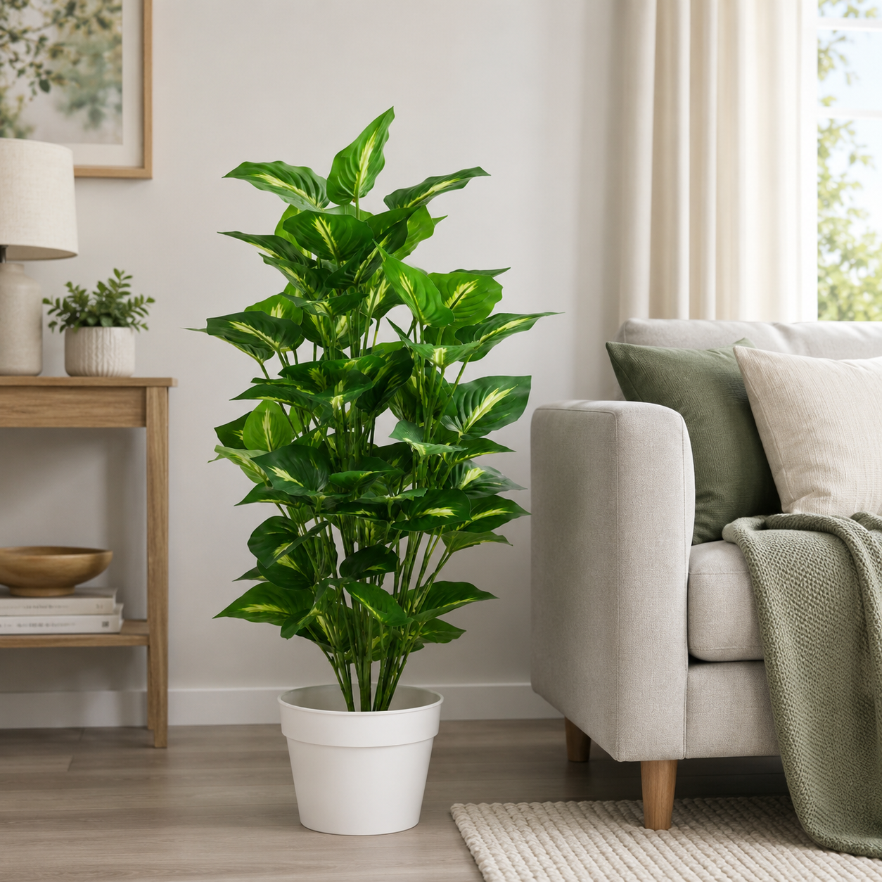 Artificial Variegated Foliage Plant in White Plastic Pot