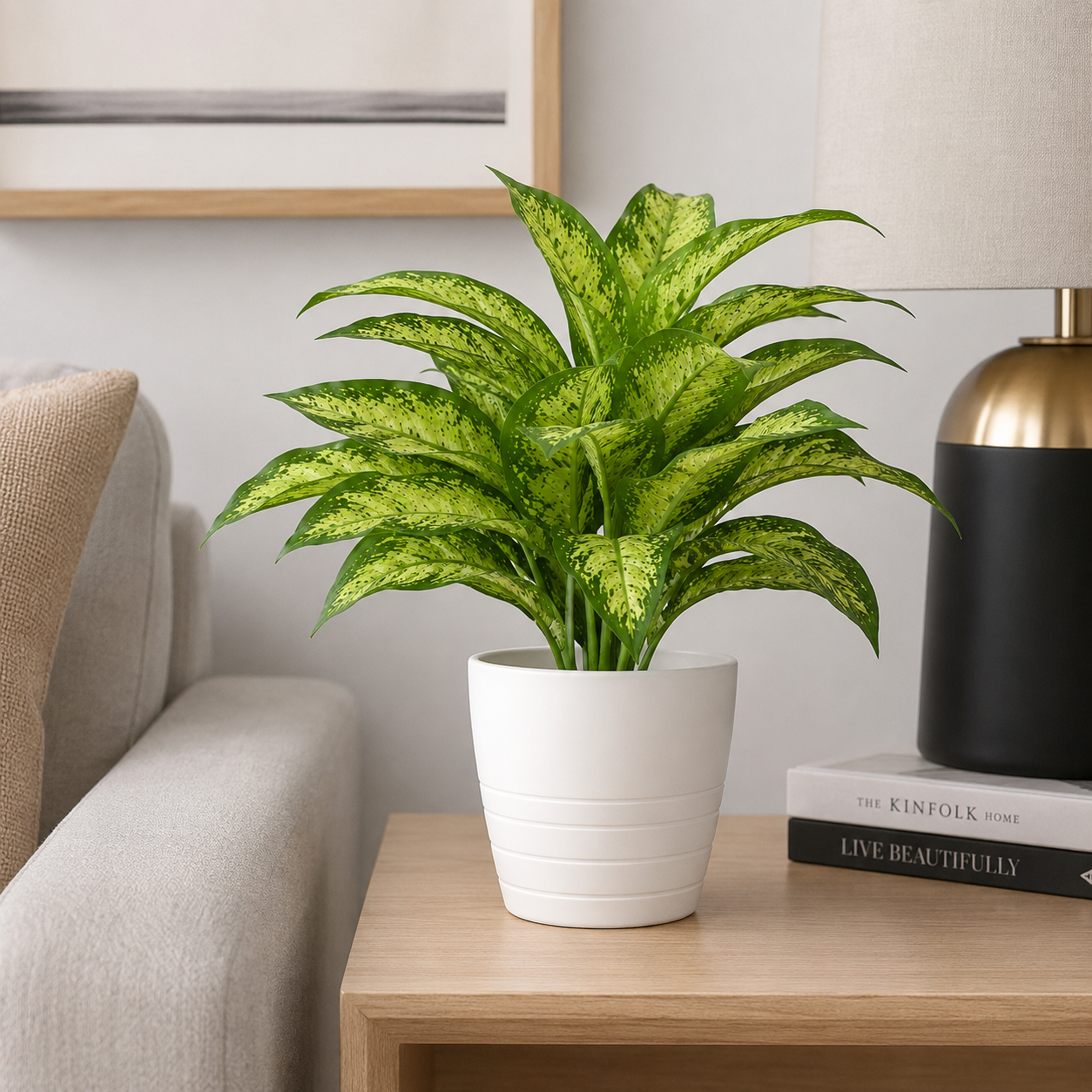 Artificial Dieffenbachia Potted Plant in White Plastic Pot
