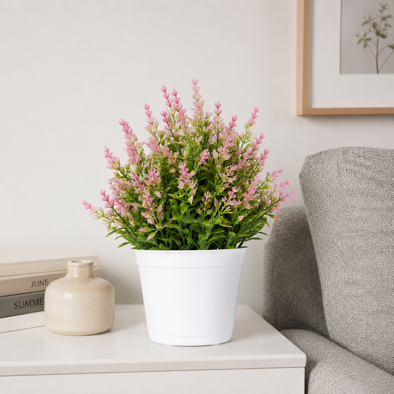 Pink Artificial Lavender Plant in White Plastic Pot