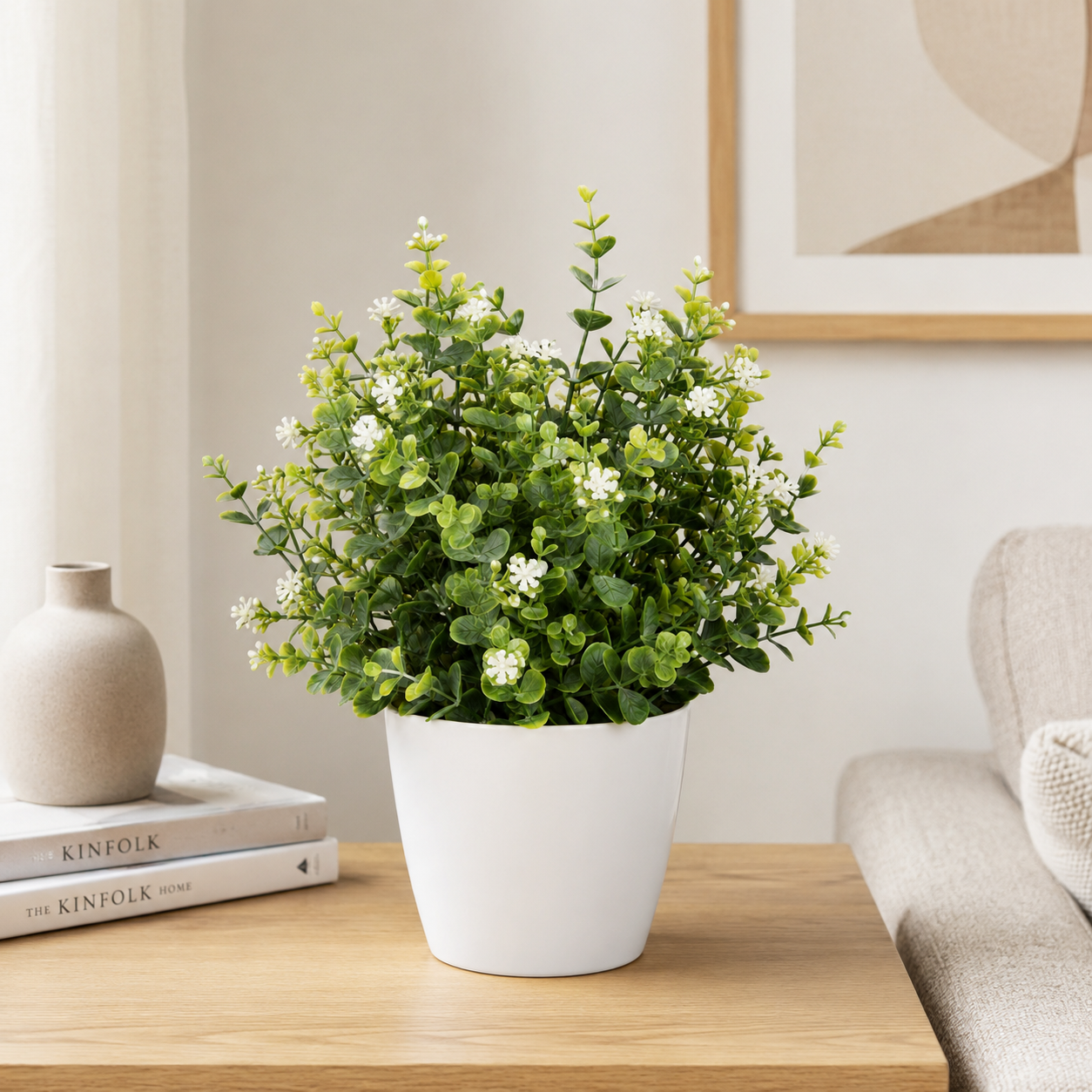 White Artificial Flower Potted Plant in White Plastic Pot