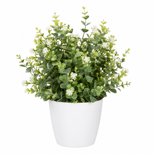 White Artificial Flower Potted Plant in White Plastic Pot